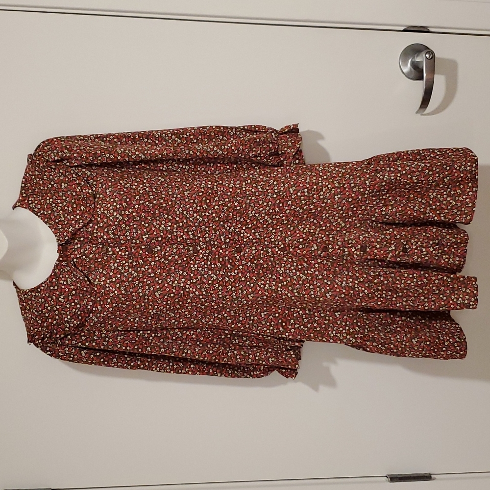 LUSH Brown red floral  dress button ruffled hem Small Medium